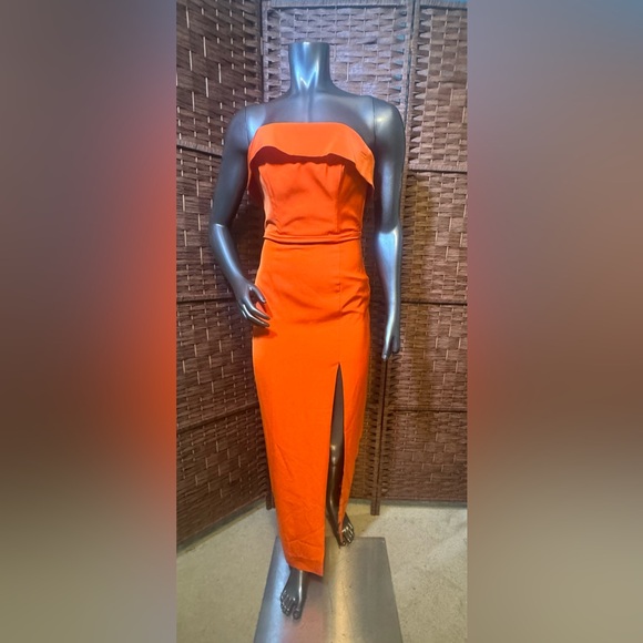 Meshki XS Formal Dress Gown Prom Wedding Orange Slit Long Strapless *zipperworks - Picture 3 of 8